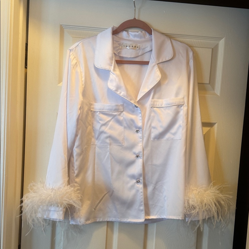 White Satin Feather Trim Blouse , pants and shorts. All 3 pieces.